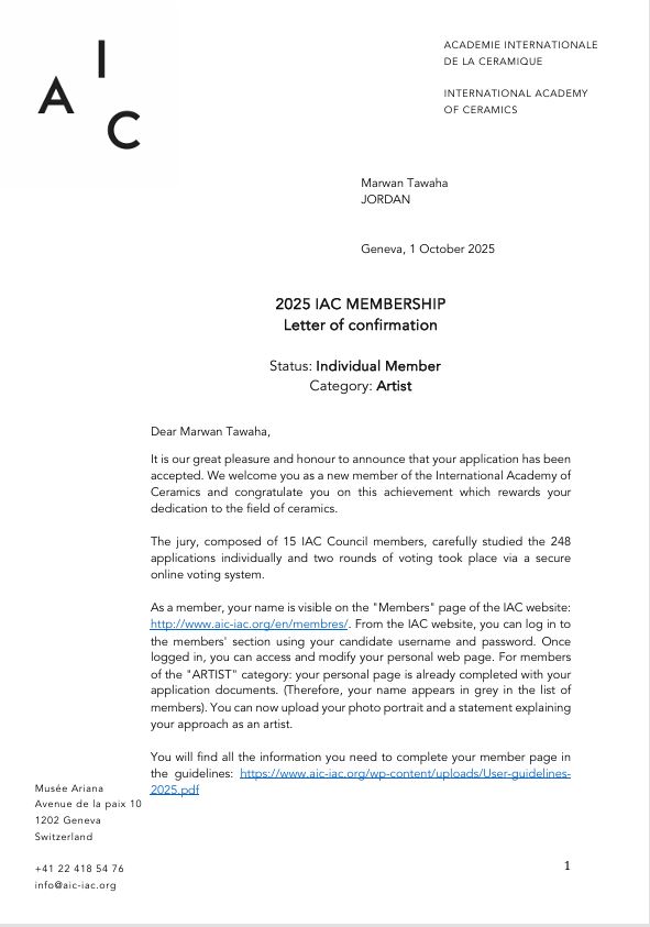 Ceramic artist Marwan Tawaha receives membership in the International Academy of Ceramics... Geneva, Switzerland 2025